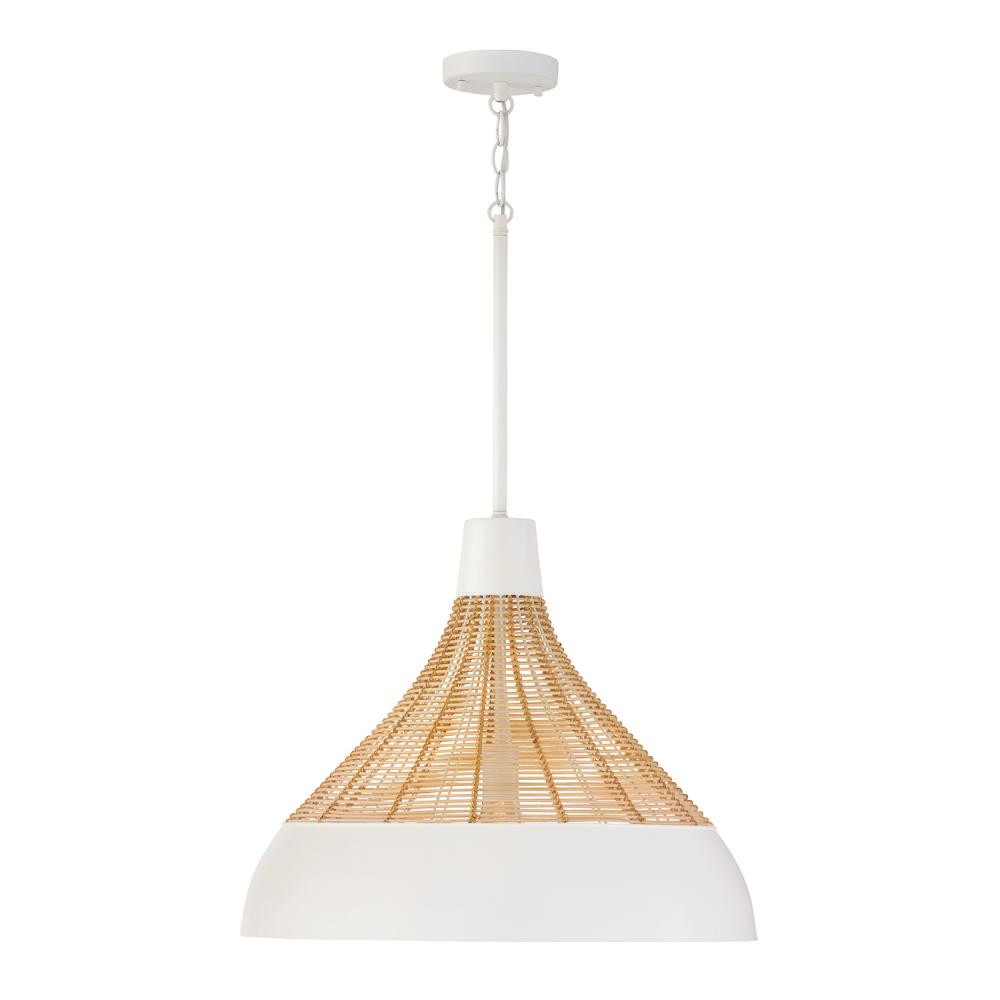 1-Light Boho Pendant in Matte White with Handcrafted Natural Rattan