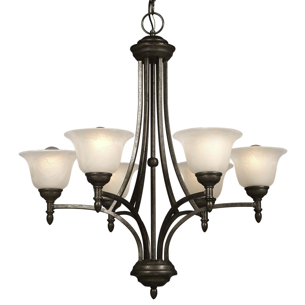 Six Light Chandelier - Medieval Bronze w/ Marbled Glass