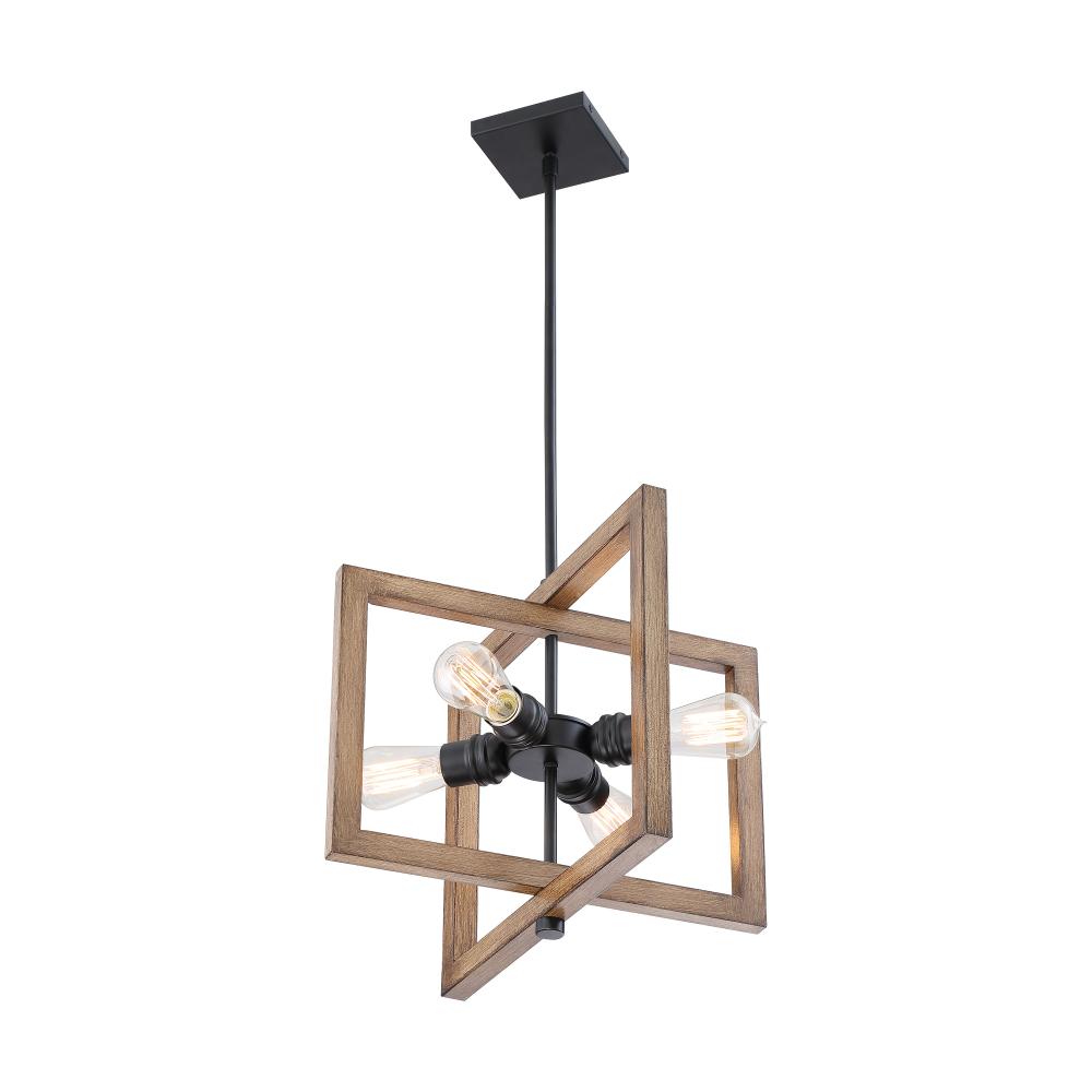 Beacon - 4 Light Small Pendant - Black and Honey Wood Finish