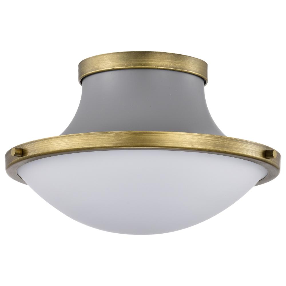 Lafayette 1 Light Flush Mount Fixture; 14 Inches; Gray Finish with Natural Brass Accents and White