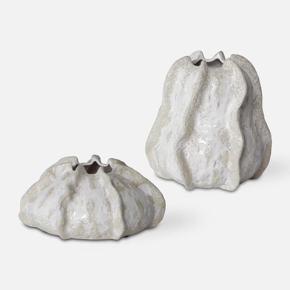 Urchin Textured Ivory Vases, S/2