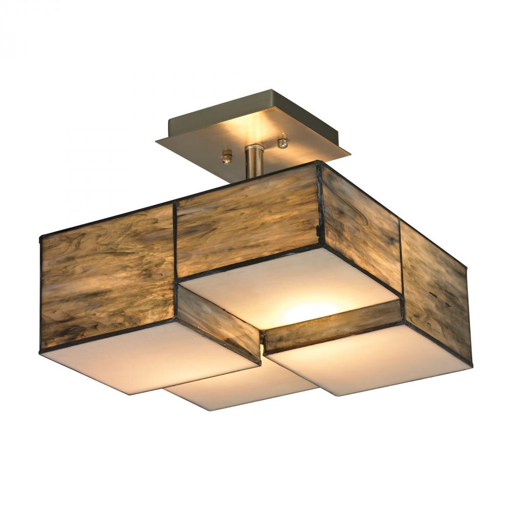 Cubist 2-Light Semi Flush in Brushed Nickel with Dusk Sky Tiffany Glass